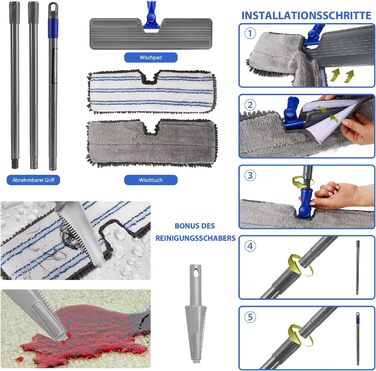 Myiosus Mop, Floor Wiper, Chenille Flat Mop with 4 Double-Sided Cleaning Pads, 127cm Mop with 360° Swivel Head, Microfiber Floor Wiper Set for Hardwood, Laminate, Tile, Includes 1 Scraper