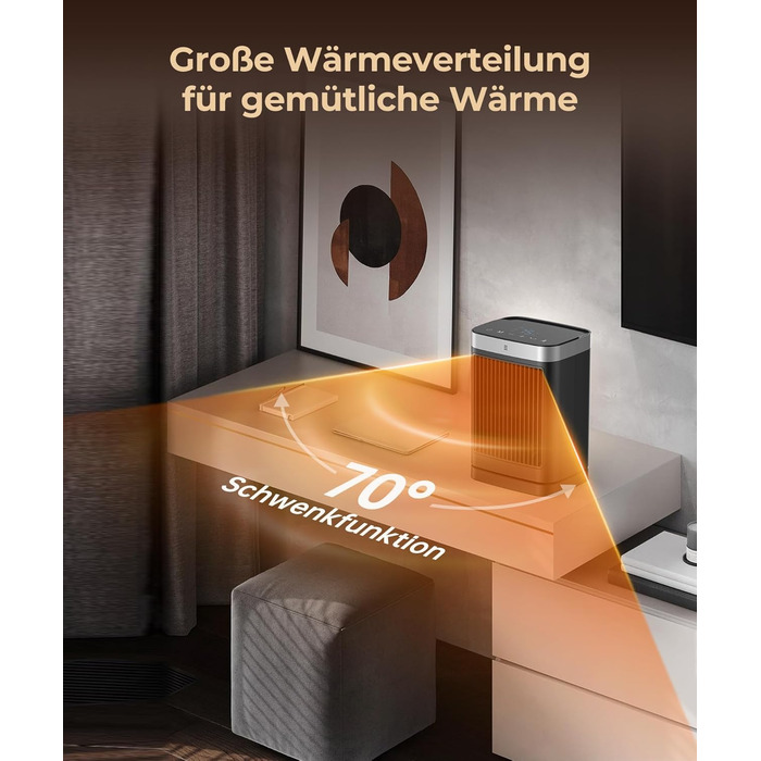 Електричний обігрівач PTC керамічний 2000W з термостатом, 75° обертання, 3 режими, таймер, захист від перегріву та перекидання