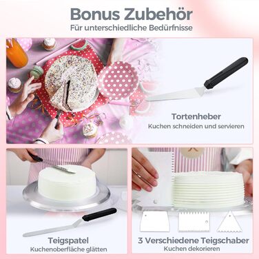 Ohuhu Поворотна платформа для тортів, 30 см, з лопатками та скребками, рожева | Для декорування та випікання