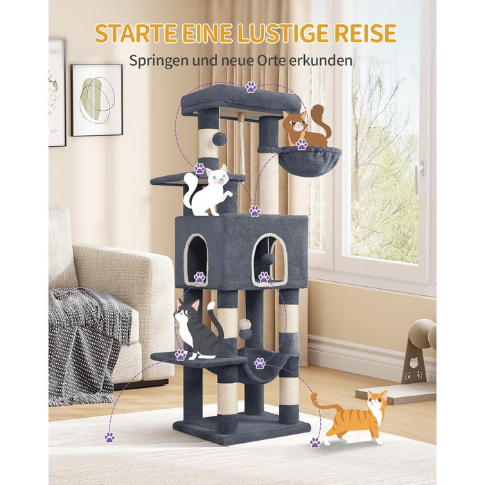 Дерево для котів Hzuaneri, 149 см, з 5 стовпчиками для шліфування, великими платформами, гніздом-хованкою, багатоярусне, з помпонами, MS14918LG (темно-сірий)