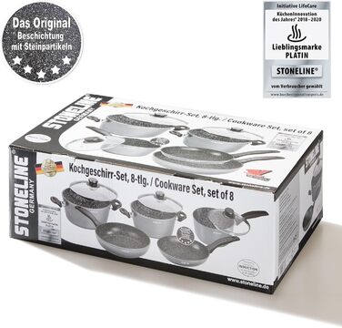 STONELINE Cookware Set Induction, 8-piece cookware set with lids, saucepan set coated with real stone particles, aluminum cast cookware and frying pans suitable for all types of cooktops