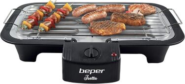 BEPER Electric Grill with Glass Lid - Coated Grill Plate, Stainless Steel, Black (2000W)