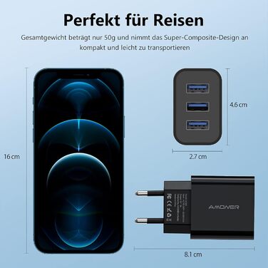 Мережевий адаптер Amoner USB 3-портовий 15W, 2 шт. для iPhone 14/13/12/11/X/8 та інших пристроїв, чорний