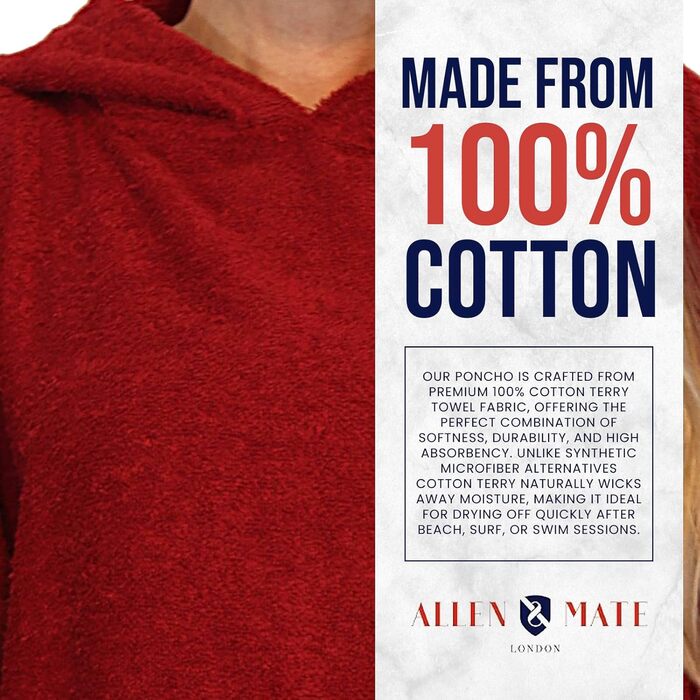 Пончо-рушник з капюшоном для дорослих ALLEN & MATE, 100% махрова бавовна, халат для пляжу, плавання, серфінгу