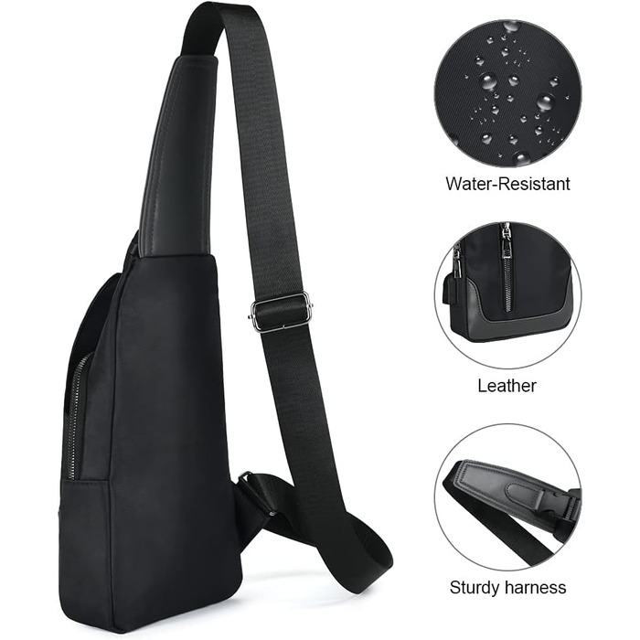 Чоловіча нагрудна сумка-слінг Brusttasche з USB-портом для зарядки, водонепроникна, чорна