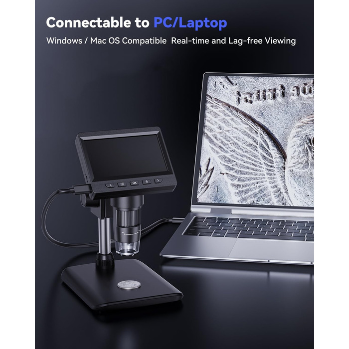 Цифровий мікроскоп AOPICK з LCD екраном, 50X-500X, 4.3 дюйма, 1080P, USB, 8 LED, для дорослих/дітей, сумісний з MacOS/Windows (чорний)
