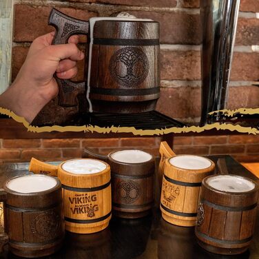 Діжка TESLYAR Вікінг 0.6 л з дуба - середньовічна діжка для пива, кружка, кухоль з гравіюванням молота Тора, руни. Ідеальний подарунок для чоловіків, дерев'яний кухоль.