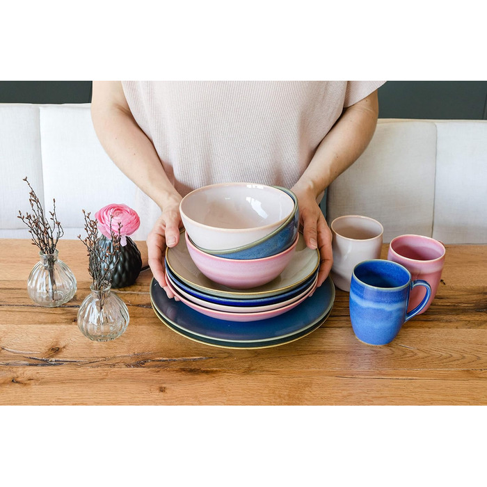 MÄSER 931946 Ossia Dinnerware Set for 6 People in Mediterranean Vintage Style, 12-Piece Modern Tableware Set with Soup Bowls and Dinner Plates, Royal Blue, Stoneware