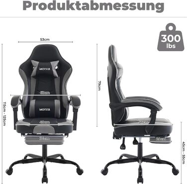 Геймерське крісло Ergon Gaming з підставкою для ніг, ергономічне, для комп'ютера, з підтримкою попереку, темно-сіре/чорне