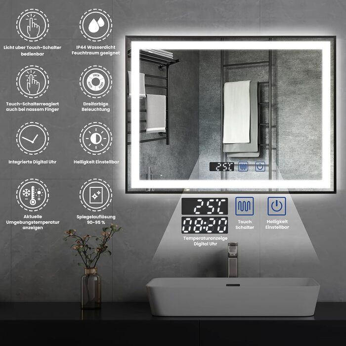Дзеркало для ванної кімнати YU YUSING 60x80 см з підсвічуванням, проти запотівання, 3 кольори світла, регулювання яскравості, LED, годинник, IP44, металевий каркас, вертикальне, срібне