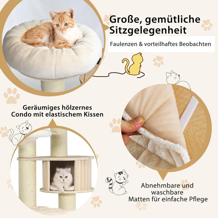 Дерев'яний кігтеточки для котів Costway 7-ярусний, 197 см з гамаком, будиночком та кошиком, товщина стовпів 15 см, бежевий