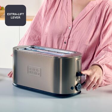 Тостер BLACK+DECKER BXTO1960E з цифровим керуванням, 1960 Вт, 6 рівнів підсмажування, 4 відділення, функції: стоп, підігрів та розморожування, автоматичне центрування, підігрівач для тостів