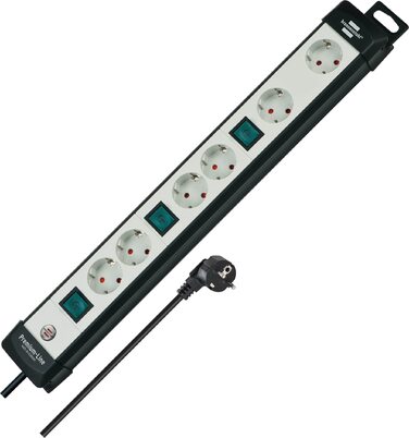 Бренненштуль Premium-Line Розподільний блок 6 розеток з вимикачами та 3м кабелем (монтаж на стіну), чорний/сірий, Made in Germany