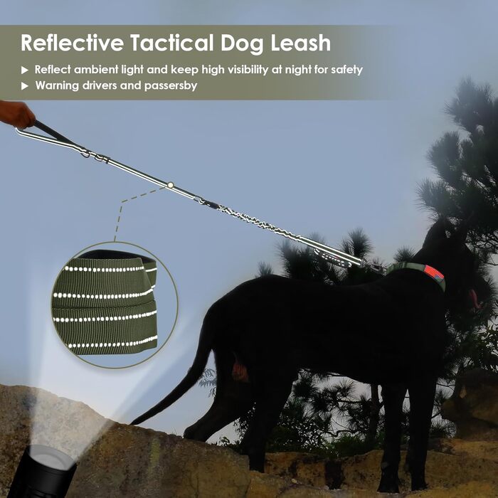 Тактична повідок для собак AUBELL, міцна, світловідбиваюча, без натягу, з амортизатором, для середніх та великих собак, з м'якою ручкою, авторемнем безпеки, поворот на 360°, 1.2-1.8 м, зелена
