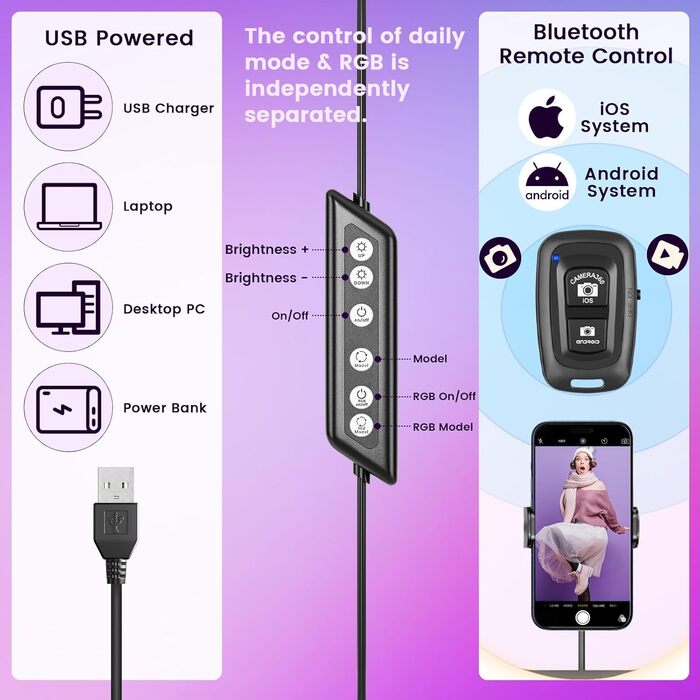 LED кільцева лампа 25 см з триподом 155 см та тримачем для телефону, RGB, регульована яскравість, для YouTube, відеозйомки, селфі, стрімінгу, макіяжу та фотографії