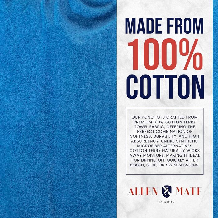ALLEN & MATE Adult Hooded Towel Poncho, 100% Terry Cotton, Wrap Robe for Swimming, Surfing, and Beach Bathing