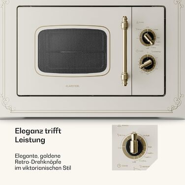 Мікрохвильова піч Klarstein Victoria 20 - вбудована, 20 л, 800 Вт, гриль 1000 Вт, нержавіюча сталь, з рамкою, кремовий колір
