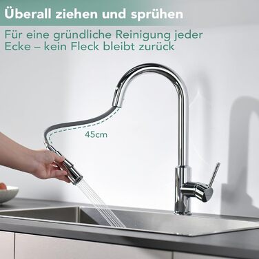 Змішувач кухонний з висувною лійкою та душем, 360° поворот, 2 режими, нержавіюча сталь (хром)