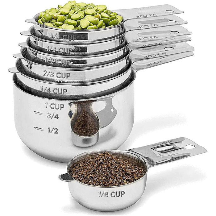 304 Stainless Steel Measuring Cup Set, 7-Piece, Stackable, with 1/8 Cup, 2 Tablespoons (Diverter Nozzle Model)