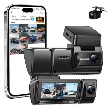 Відеореєстратор 4K автомобільний передній та задній, 3 канали, 64GB SD карта, IPS дисплей, нічна зйомка, WiFi Black-D4