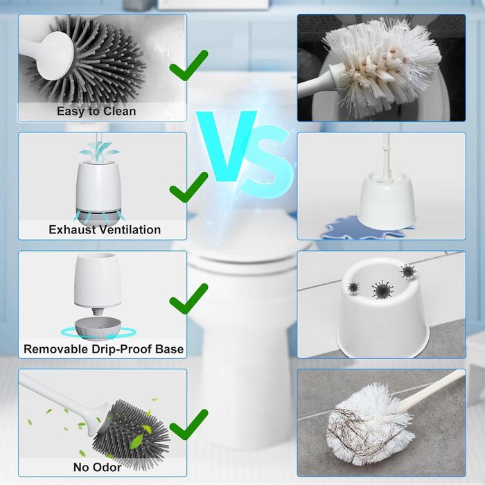 Силіконова щітка для унітазу EWEIMA з швидковисихним тримачем та захистом від протікання, біла