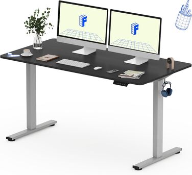 Регульований стіл FlexiSpot Basic – з органайзером кабелів, гачками та суцільною стільницею. Ергономічний стіл для дому та офісу (120x60 см, горіх) / (160 x 80 см, чорний+сірий)