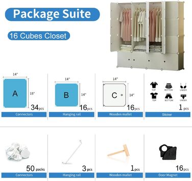 BRIAN & DANY 12-Cube Wardrobe, Modular Closet Wardrobe Shelf System Plastic Wardrobe with Doors & 2 Hangers, Additional Stickers Included (16 Cube, White)