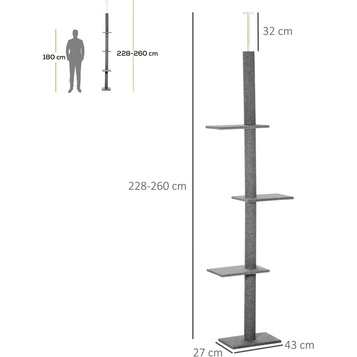PawHut Cat Tree, Ceiling-High, 228-260 cm Adjustable Height Cat Tree, Climbing Tree for Cats with 3 Levels, Cat Scratching Post, Floor-to-Ceiling Play Tree Grey