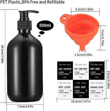 4 шт. Наповнювані порожні флакони для шампуню, 500 мл, дозатори для мила, шампуню, кондиціонера, гелю для душу, наклейки (чорний)