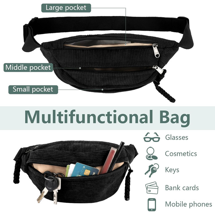 Жіноча сумка через плече, поясна сумка, сумка кросбоді з корду, стильна та практична нагрудна сумка, сумка на пояс, на стегно, для спорту, подорожей, бігу, школи, зелена (чорна)