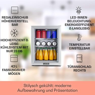 Klarstein Mini Fridge with Glass Door - Beverage, Snack & Cosmetic Cooler, Compact & Quiet, Adjustable Shelves, Skincare Fridge 12-18°C, 42L, Silver