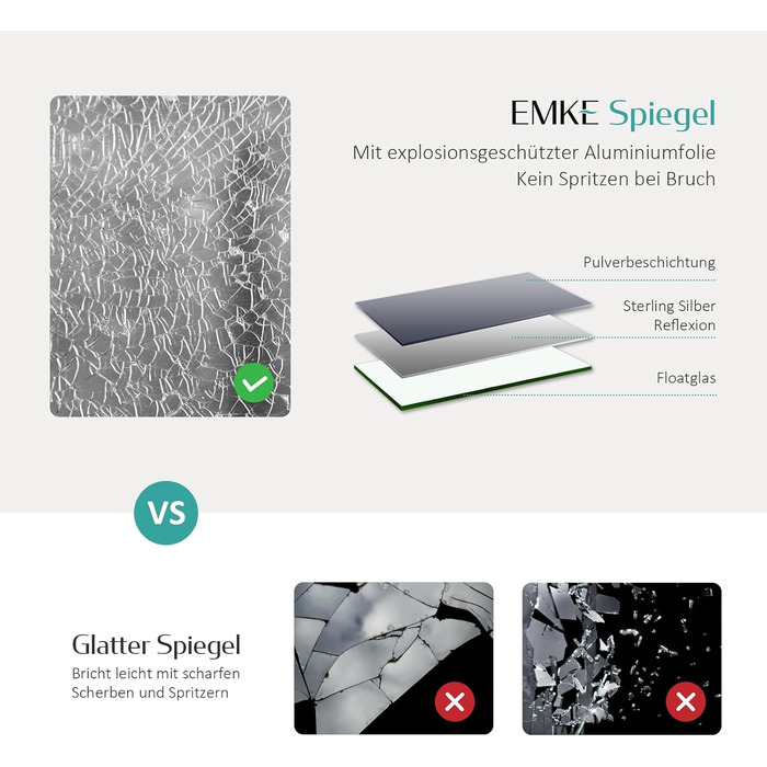 Дзеркало для ванної кімнати EMKE з підсвічуванням 50x70 см, запобігання запотіванню, 3 кольори світла, регулювання яскравості, сенсорне управління, функція пам'яті та автоматичне вимкнення через 3 години, ідеально для ванної кімнати (60 x 40 см)