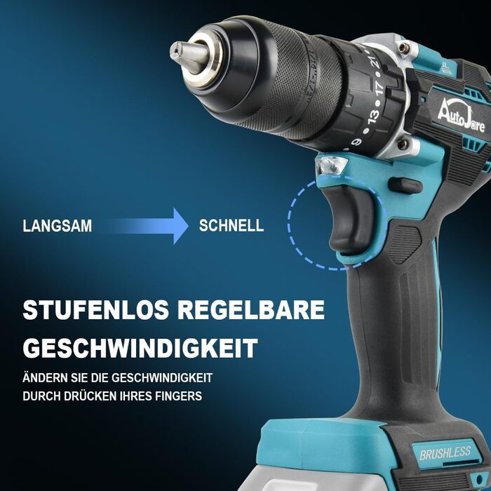 Акумуляторний ударний дриль-шуруповерт сумісний з Makita 18V, 13 мм, безщітковий, 35+3 ступені крутного моменту, 90 Н.м, 2 регульовані ступені, акумуляторний шуруповерт з 3 насадками (без акумулятора)