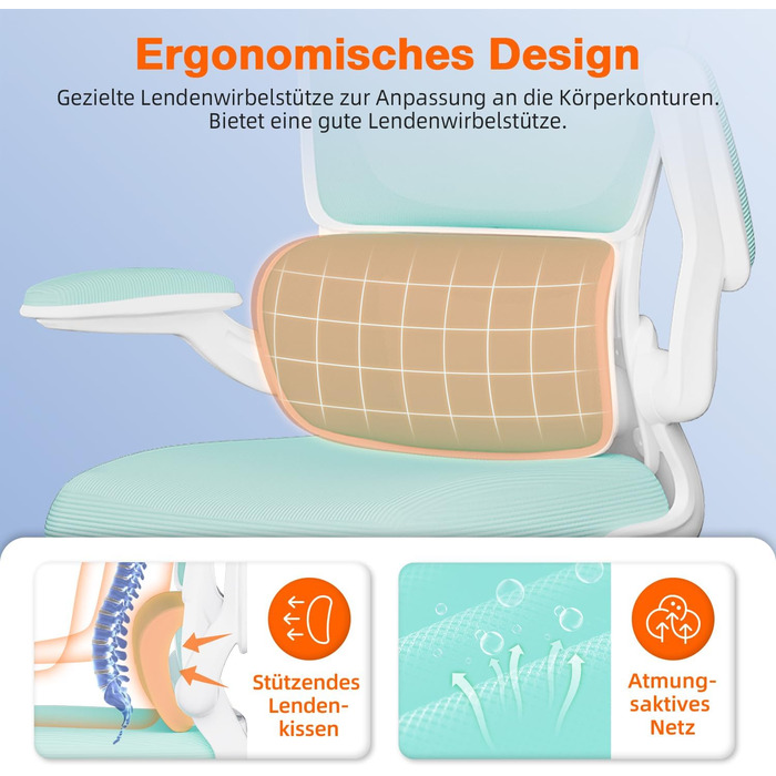 Ергономічне крісло для офісу з регульованою підголівником, поперековою підтримкою та відкидними підлокітниками, крісло для начальника, 150 кг, функція гойдання до 135° (Блакитно-зелений, Модель 2)
