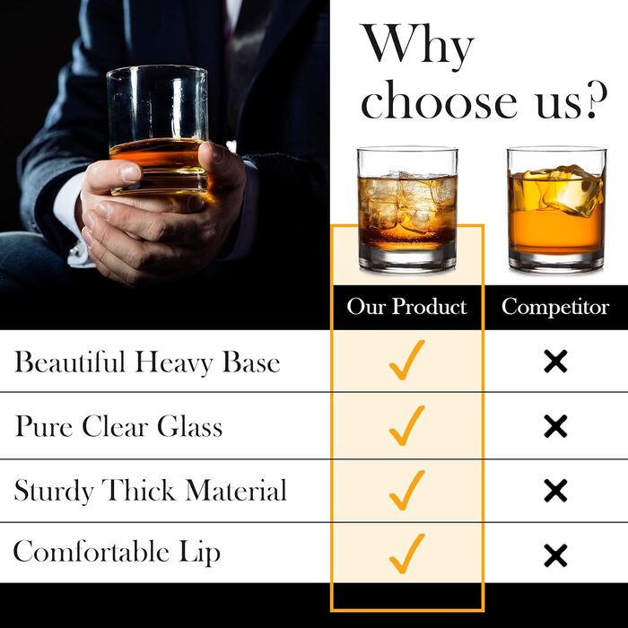 Склянки CRYSTALIA Premium Whiskey, набір 6 шт, 305 мл, без свинцю. Склянки для віскі, коктейлів, бурбону, скотчу, коньяку, ірландського віскі. Набір склянок для бару.
