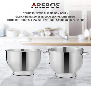 Кухонна машина Arebos 1500W з двома чашами з нержавіючої сталі 4.5 та 5.5L, 6 швидкостей | Міксер з набором насадок (крюк для тіста, міксер, вінчик) та захистом від бризок