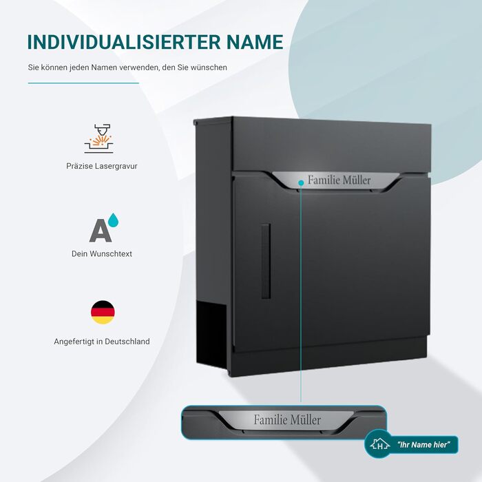 Поштовий ящик преміум класу з газетницею та оглядовим вікном, антрацит - персоналізований з іменем родини, настінний поштовий ящик