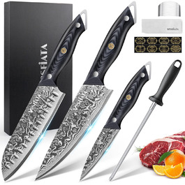 Ніж кухарський MOSFiATA Дамаск 8 дюймів - Японський кухонний ніж з дамаської сталі з набором (3 шт.)