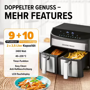 Gourmetmaxx Double Chamber Hot Air Fryer 2x 3.5L - Stainless Steel | Air Fryer with Synchro Cooking Zones, Timer Function & Touch Display | Energy-Saving Frying | 10 Programs | 2400 Watts Stainless Steel / Black 2x 3.5 Liters
