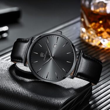 Чоловічий годинник CHEETAH Minimalistische, аналоговий кварц, водостійкий 3 ATM, з шкіряним ремінцем, з датою, спортивний годинник для молоді (Чорний/Чорний)