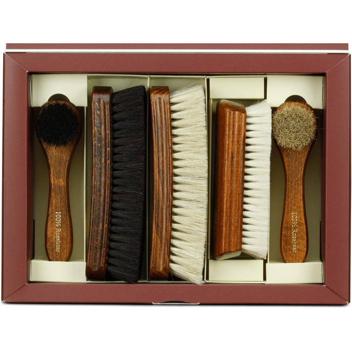 Langer & Messmer 4-Piece Shoe Brush Set made of Horsehair for the professional shoe care of smooth leather shoes - includes polishing brushes and cream brushes (5-piece set, Essential)