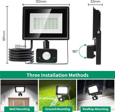 Aigostar 20W LED Flood Light with Motion Sensor Outdoor, 1650LM 6500K Cool White Outdoor Floodlight, IP65 Waterproof Spotlight, Outdoor Light for Garden, Courtyards, Garage, Hotel, 2PC (30W, 2PC)