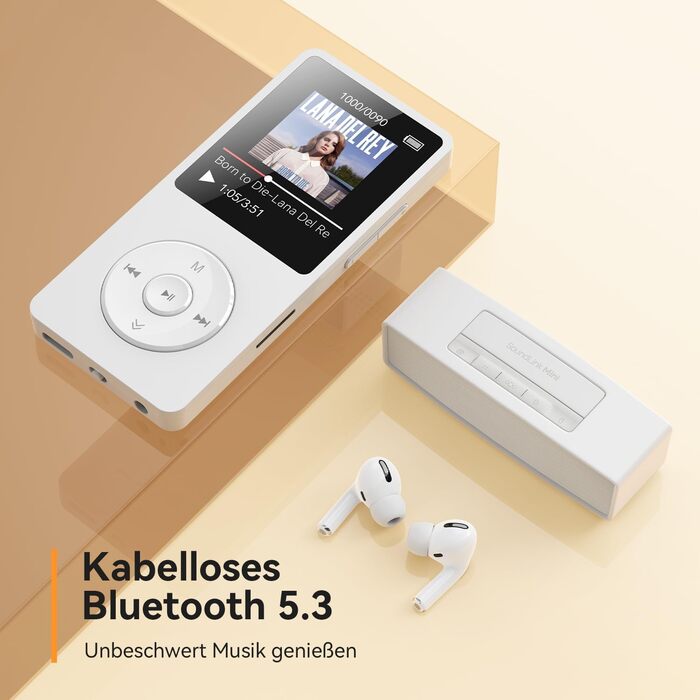 MP3 плеєр AGPTEK 64GB Bluetooth 5.3 з динаміком, радіо FM, підтримкою TF-карти 128GB, білий