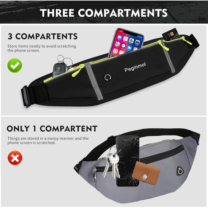 Пояс для телефону, бігова сумка, водонепроникний пояс для бігу, пояс на пояс для жінок та чоловіків з 3 кишенями, велика ємність, регульований біговий пояс (Чорний + Зелений)