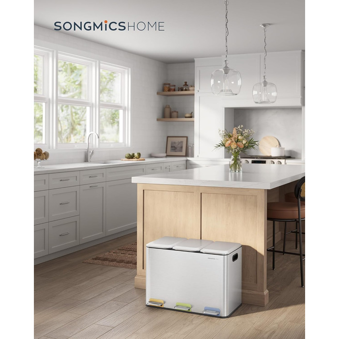 Сміттєвий відер SONGMICS HOME POPNEX LTB740B02 для кухні, система сортування сміття з 3 відсіками по 15 л, сталевий, сріблястий