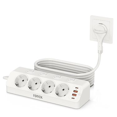 Мережевий адаптер PD 20W з плоским штеплером, розетка FDTEK на 4 слоти з індивідуальним вимикачем, 4000W, 16A, USB-C, розетка для столу з вимикачем, настільна розетка з кабелем 2м (білий)