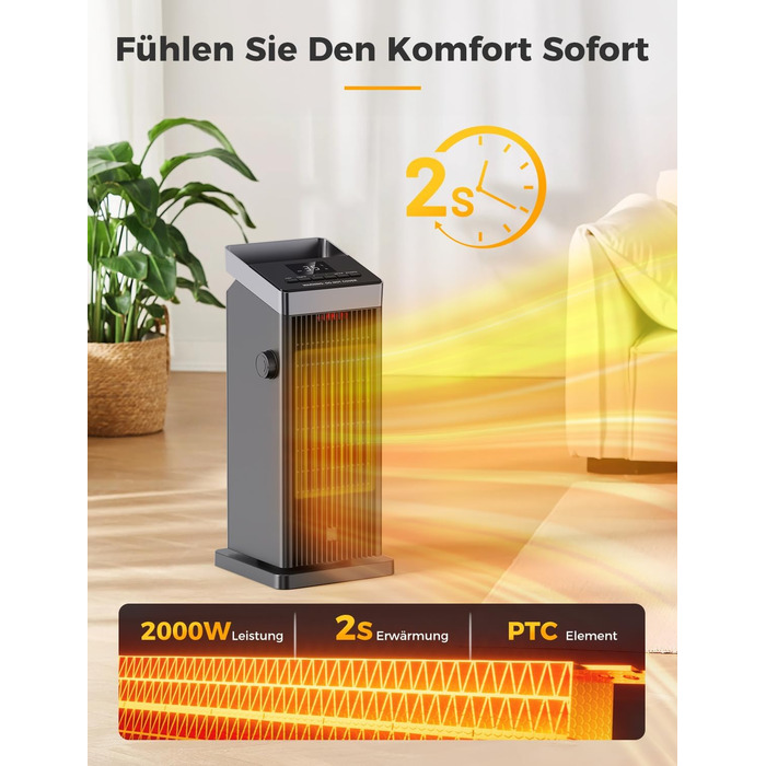 Електричний обігрівач QEXREED 2000W з PTC термостатом, 4 режими, таймер 24 год, дистанційне керування, захист від перегріву та перекидання, для дому та офісу