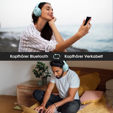 Бездротові навушники DOQAUS Bluetooth з тривалим часом роботи (70 годин), Over-Ear, Bluetooth 5.4, з кабелем, 3 режими EQ, HiFi стерео для подорожей/телефону/ПК (блакитні)