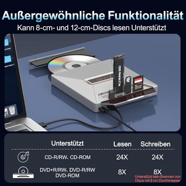 Зовнішній DVD-привід Alxum USB-C 3.0 з картридером SD/TF та додатковим USB-портом для ноутбука, DVD/CD запис та читання, Plug & Play, сірий