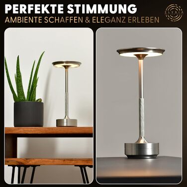 Світлодіодна настільна лампа ELYSIA з акумулятором, димується, бездротова, сенсорна, для дому та вулиці (IP54), тепле світло (2200K-2700K-3200K), USB-C, алюмінієва (срібна)